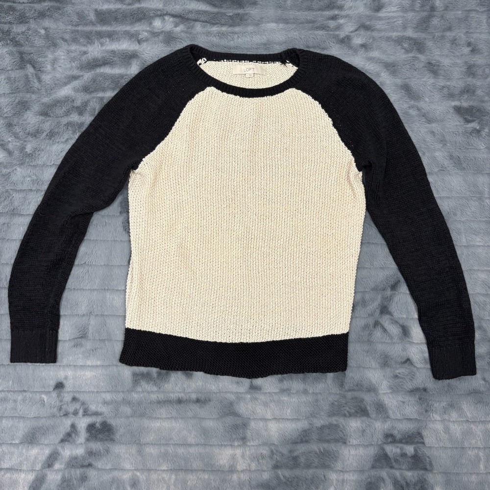 Ann Taylor LOFT Colorblock Linen Cotton Knit Sweater Black Cream Large